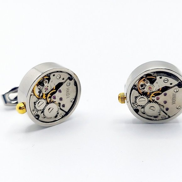 Functional Men's Brushed Steel Gold & Silver Watch Movement Cufflinks Links Time - Picture 7 of 7